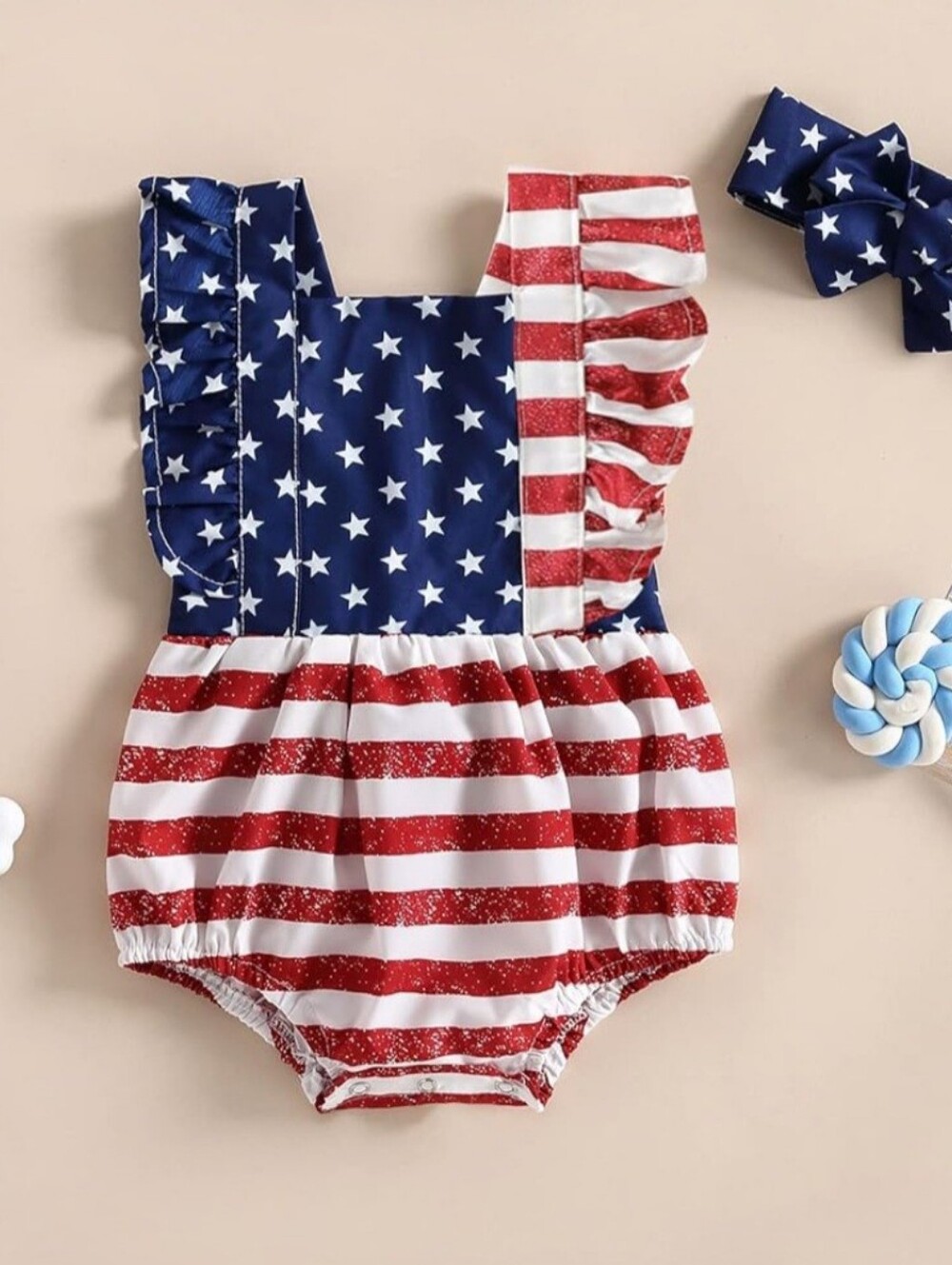 Patriotic USA Flag Baby Girl Romper & Headband Set 12-18M 4th of July Outfit